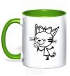 Mug with a colored handle A cat with a flower kelly-green фото