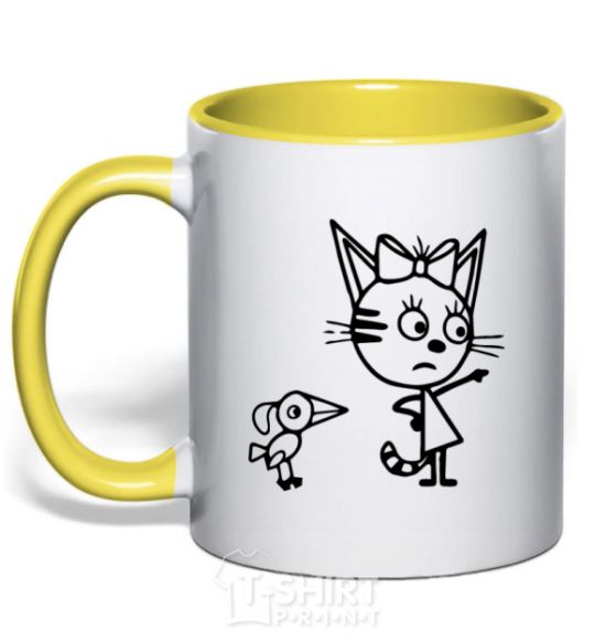 Mug with a colored handle Three cats yellow фото