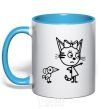 Mug with a colored handle Three cats sky-blue фото