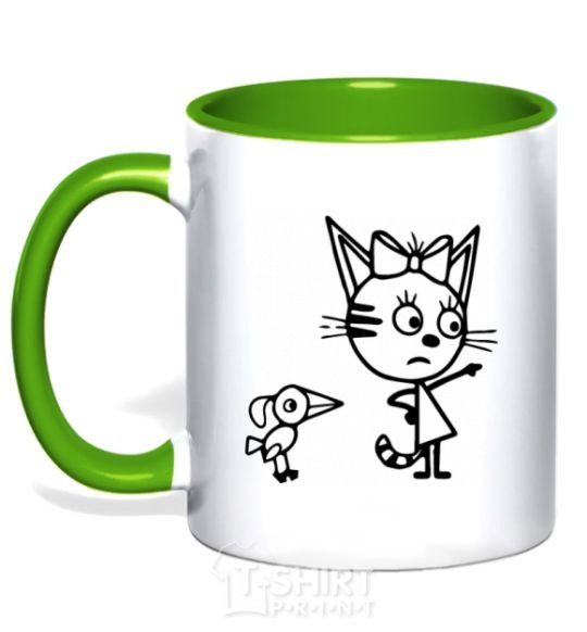 Mug with a colored handle Three cats kelly-green фото