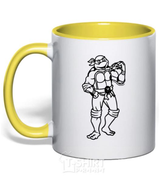 Mug with a colored handle Michelangelo with pizza yellow фото