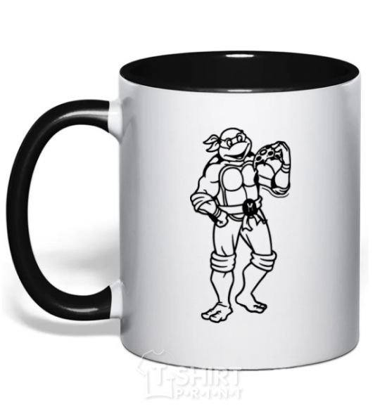 Mug with a colored handle Michelangelo with pizza black фото