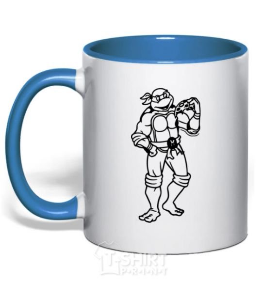 Mug with a colored handle Michelangelo with pizza royal-blue фото