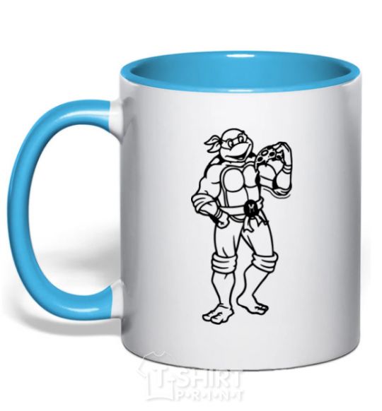 Mug with a colored handle Michelangelo with pizza sky-blue фото