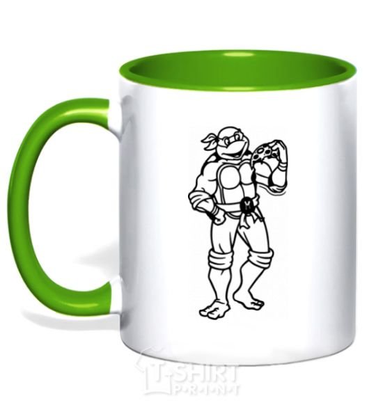 Mug with a colored handle Michelangelo with pizza kelly-green фото