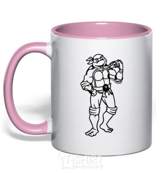 Mug with a colored handle Michelangelo with pizza light-pink фото