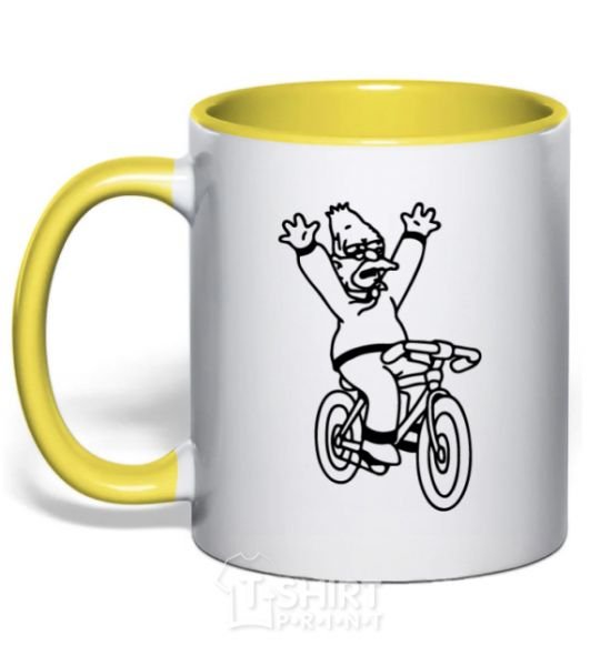 Mug with a colored handle Grandpa Simpson on his bike yellow фото