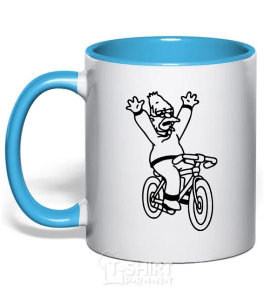 Mug with a colored handle Grandpa Simpson on his bike sky-blue фото