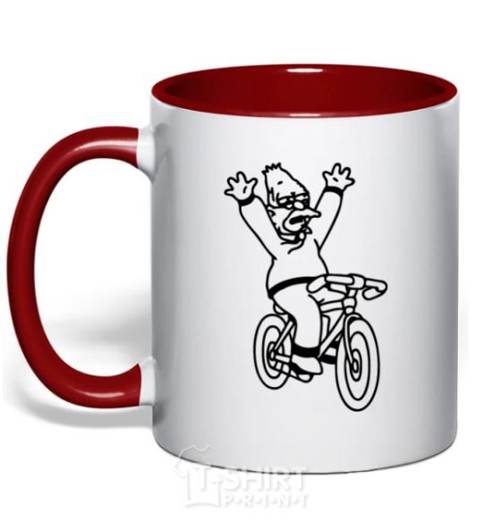 Mug with a colored handle Grandpa Simpson on his bike red фото