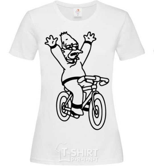 Women's T-shirt Grandpa Simpson on his bike White фото