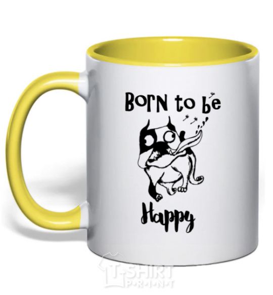 Mug with a colored handle Born to be happy yellow фото