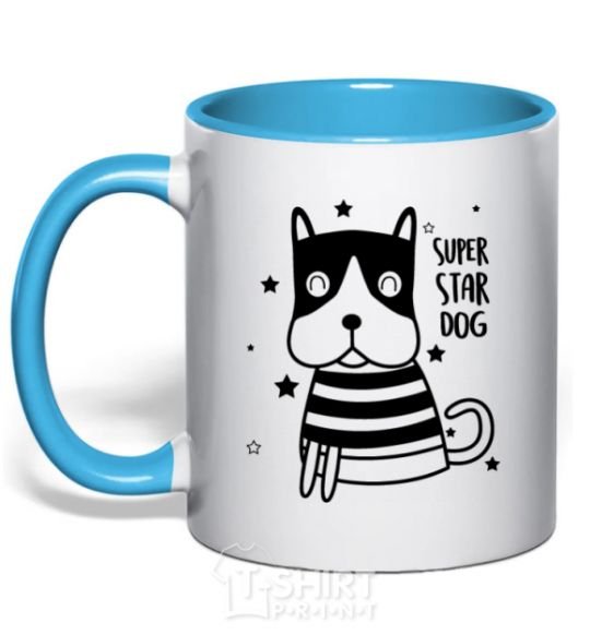 Mug with a colored handle Super star dog sky-blue фото
