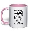 Mug with a colored handle What are you saying light-pink фото