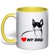 Mug with a colored handle Love my dog yellow фото