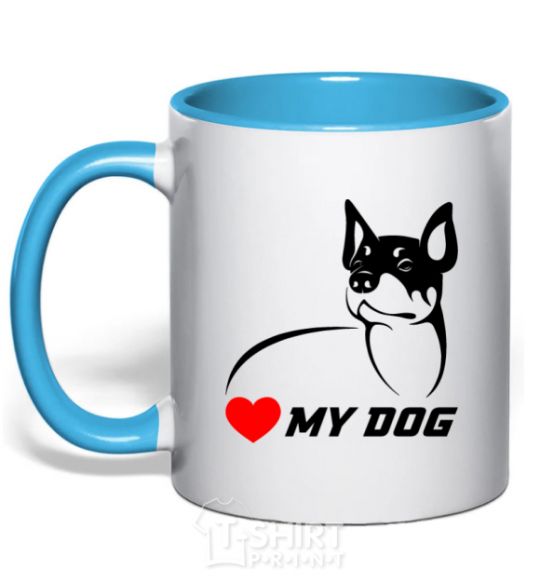 Mug with a colored handle Love my dog sky-blue фото