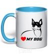 Mug with a colored handle Love my dog sky-blue фото