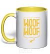 Mug with a colored handle Woof woof yellow фото