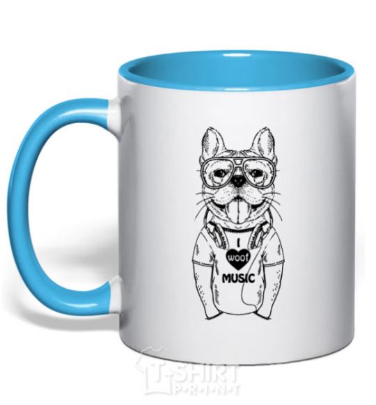 Mug with a colored handle I woof music sky-blue фото