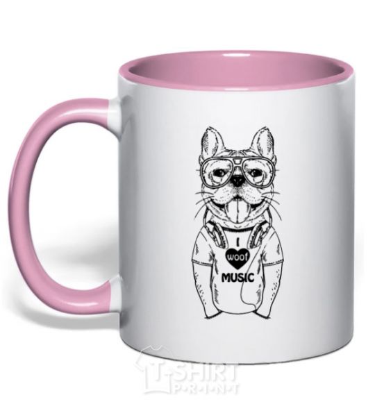 Mug with a colored handle I woof music light-pink фото