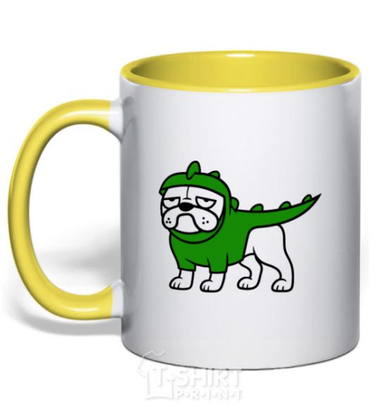 Mug with a colored handle Pug Dino yellow фото