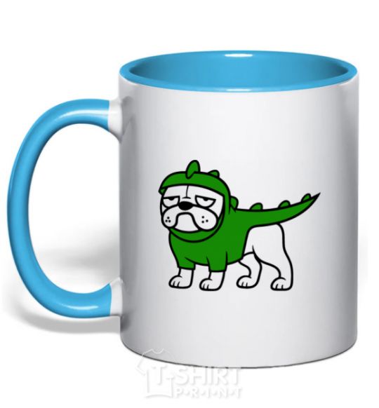 Mug with a colored handle Pug Dino sky-blue фото