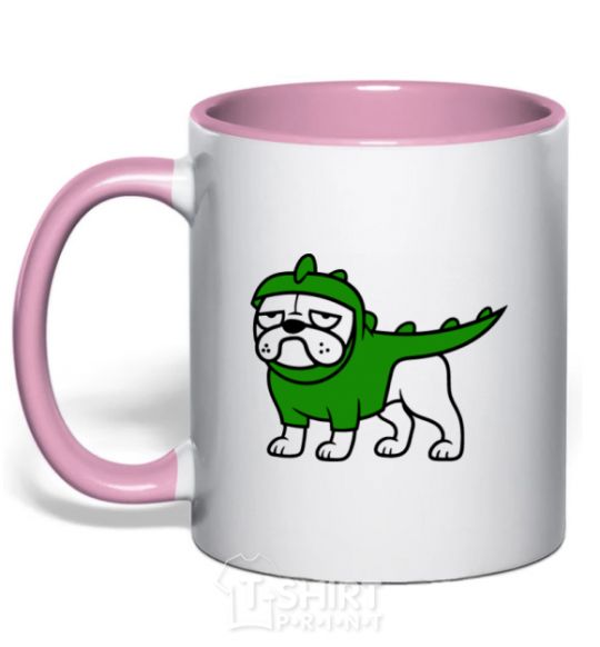 Mug with a colored handle Pug Dino light-pink фото