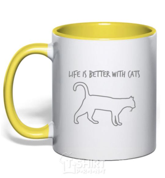 Mug with a colored handle Life is better with a cat yellow фото