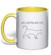 Mug with a colored handle Life is better with a cat yellow фото