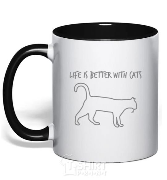 Mug with a colored handle Life is better with a cat black фото