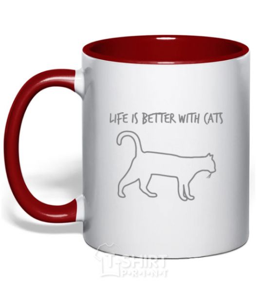 Чашка с цветной ручкой Life is better with a cat Красный фото