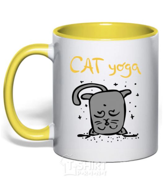 Mug with a colored handle Cat Yoga yellow фото