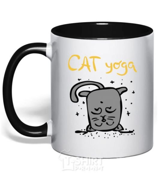 Mug with a colored handle Cat Yoga black фото