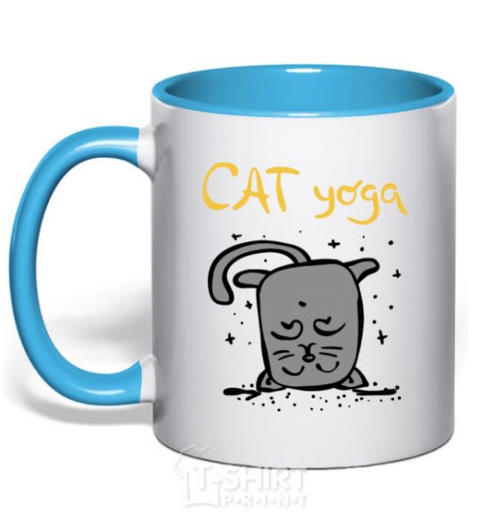 Mug with a colored handle Cat Yoga sky-blue фото