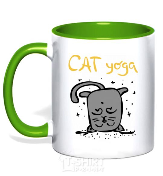 Mug with a colored handle Cat Yoga kelly-green фото