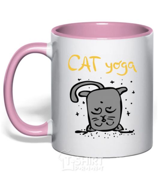 Mug with a colored handle Cat Yoga light-pink фото