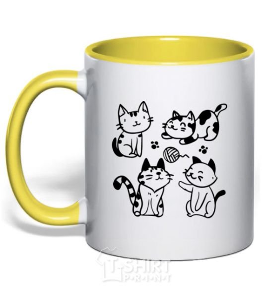 Mug with a colored handle Funny kitties yellow фото
