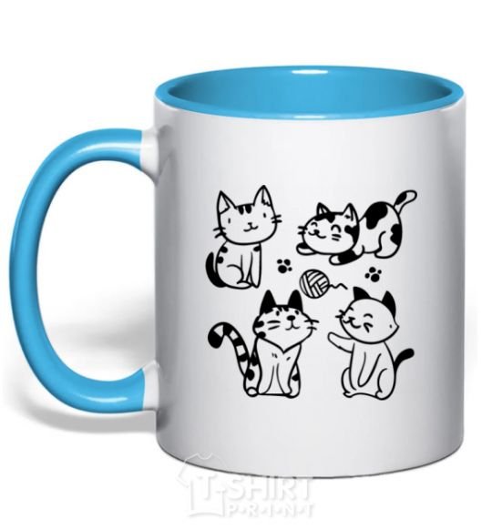 Mug with a colored handle Funny kitties sky-blue фото