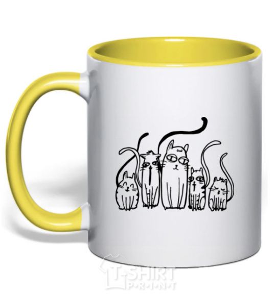Mug with a colored handle Cats B/W yellow фото