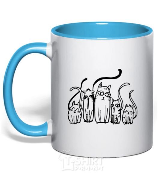 Mug with a colored handle Cats B/W sky-blue фото