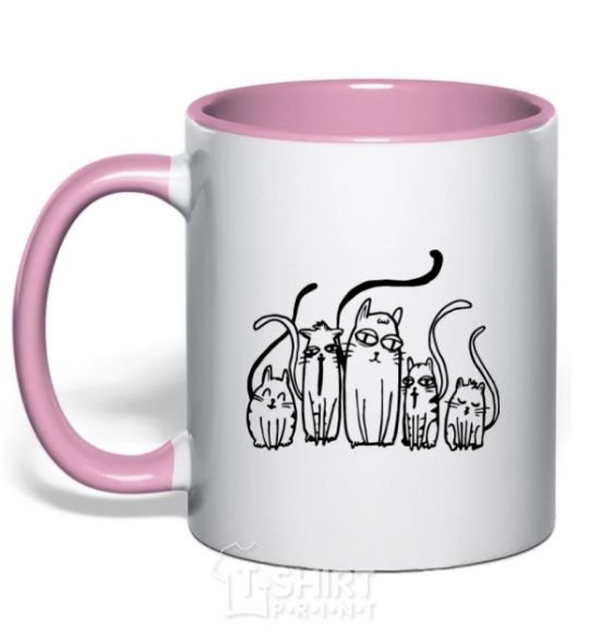 Mug with a colored handle Cats B/W light-pink фото