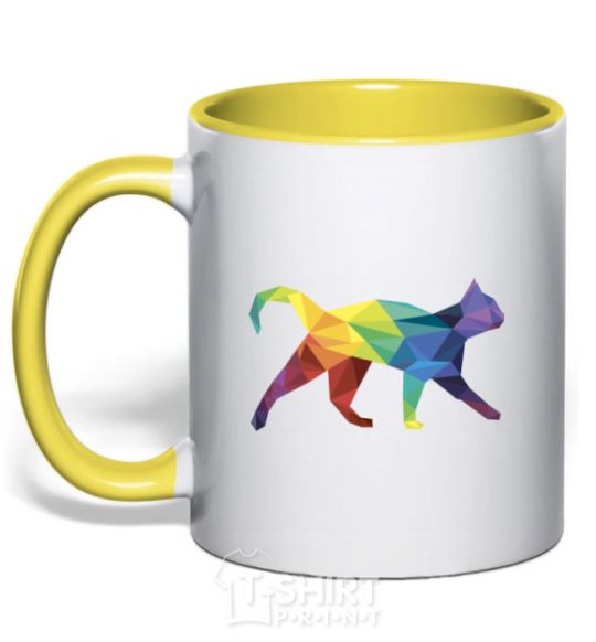 Mug with a colored handle Bright cat yellow фото
