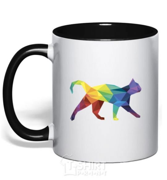 Mug with a colored handle Bright cat black фото