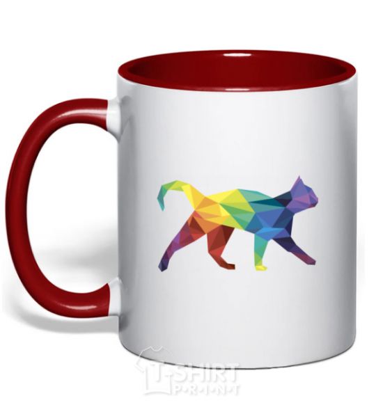 Mug with a colored handle Bright cat red фото