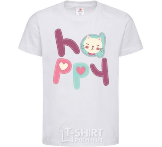 Kids T-shirt Happy with cat inscription White фото