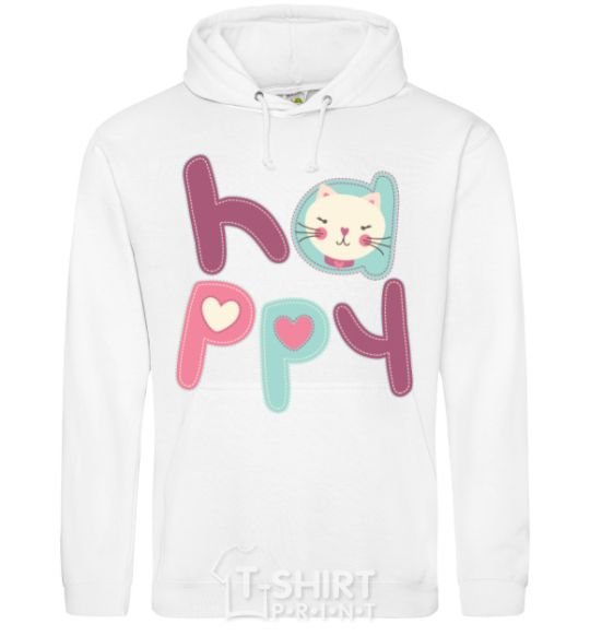 Men`s hoodie Happy with cat inscription White фото