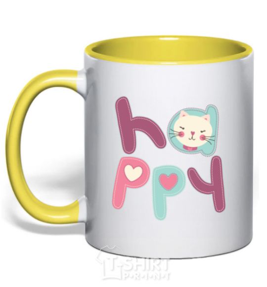 Mug with a colored handle Happy with cat inscription yellow фото