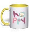Mug with a colored handle Happy with cat inscription yellow фото
