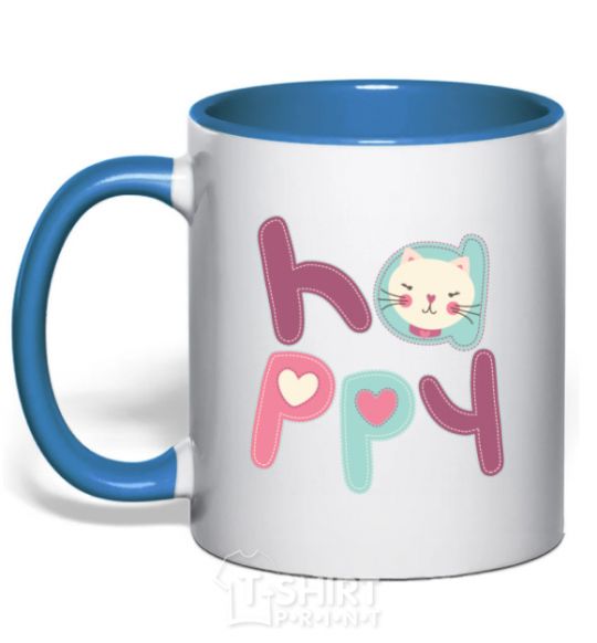 Mug with a colored handle Happy with cat inscription royal-blue фото