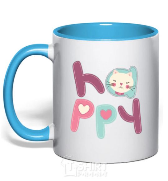 Mug with a colored handle Happy with cat inscription sky-blue фото