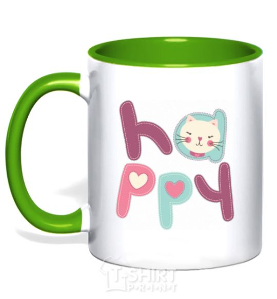 Mug with a colored handle Happy with cat inscription kelly-green фото